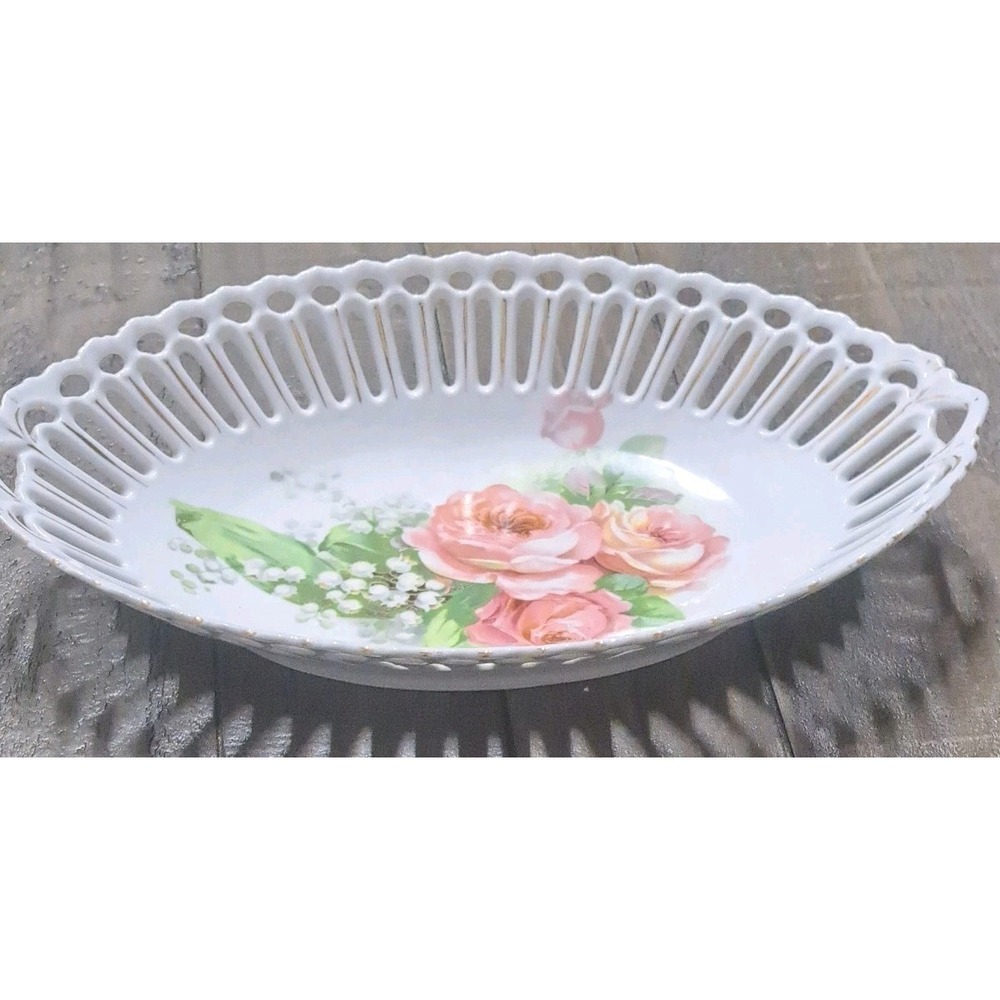 RW Bavaria Germany Floral Openwork Serving Dish Pink Roses Gold Trim